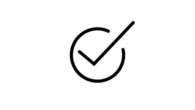 Black animated check mark icon in circle on white background, approval symbol