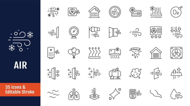 Air icon set. Icons related to ventilation, air conditioner, fan, wind, blow, oxygen, breathe, CO2, pollution and more. Outline icon with Editable stroke. Vector illustration