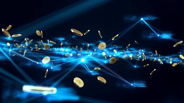 Cryptocurrency Coins Flying in Digital Network Global Financial Transactions