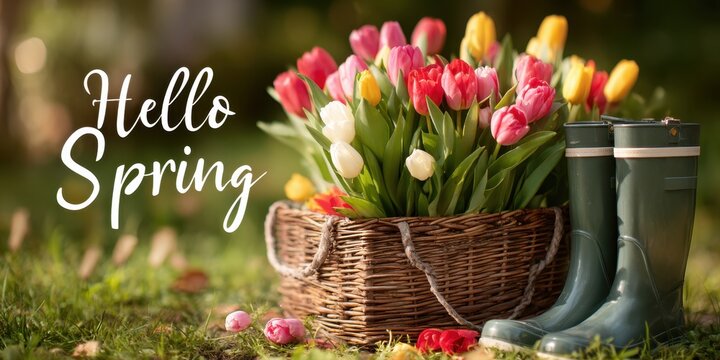 Hello spring greeting with colorful tulips in a wicker basket and green rain boots on grass