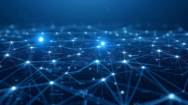 Abstract blue digital network with glowing dots and connecting lines, illustrating data connections, global communication, and advanced technological innovation in a futuristic cyberspace concept.
