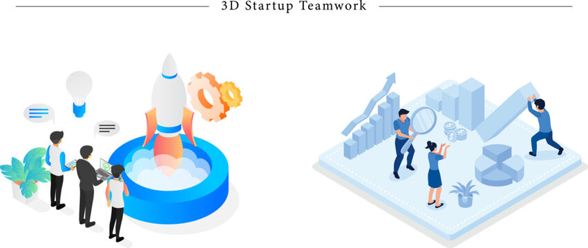 Premium 3D Isometric Startup Teamwork Illustration Product Launch, Business Growth and Collaborative Innovation Flat Vector Set