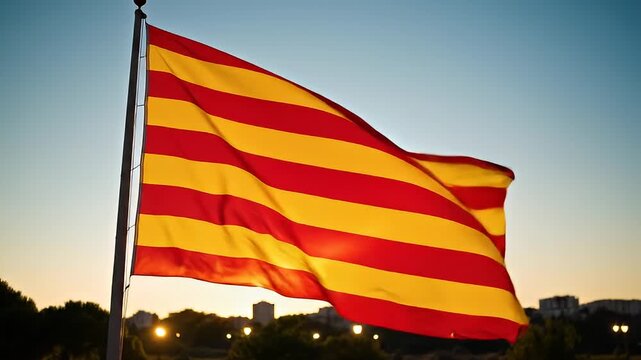 Catalan Flag Waving at Sunset.