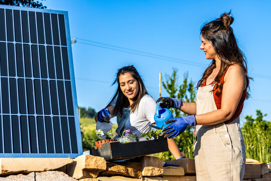 Women planting flowers near solar panel for sustainable ecology and renewable energy