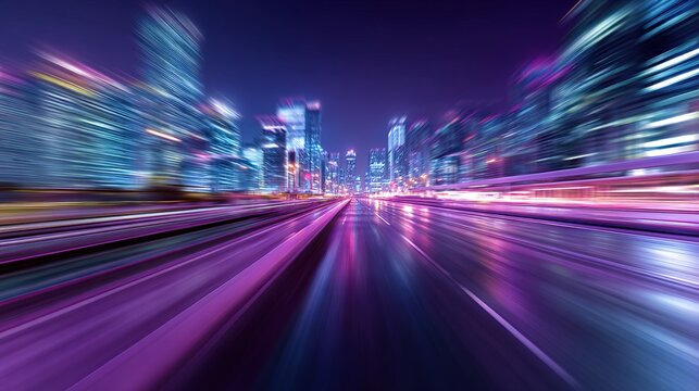 Abstract motion blur background of a night city road with light streaks, in purple and blue colors. High-speed driving in the modern metropolis displays glowing line energy trail.
