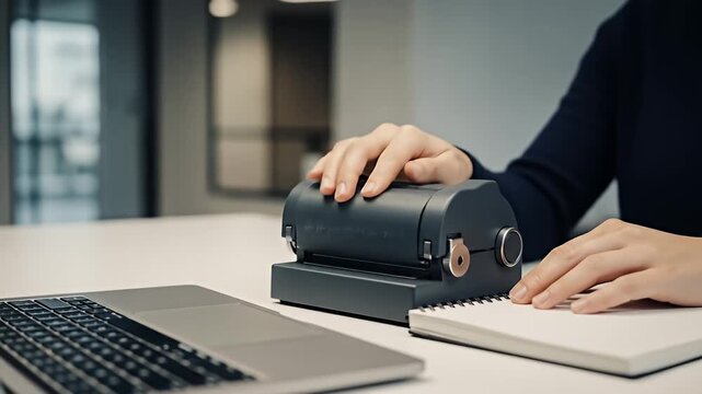 A person uses a Braille embosser with a laptop and notepad on a white desk
