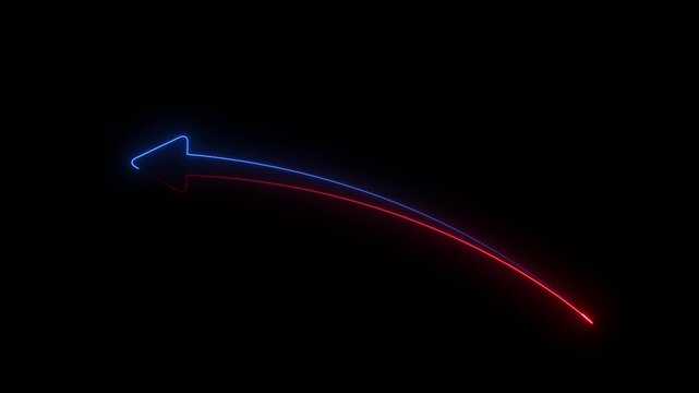 Downward curved neon arrow with blue and red light effects on black background