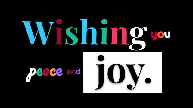 Dynamic text reveal animation showcasing a vibrant Wishing you peace and message on a black background Ideal as a Happy Birthday greeting card text animation or for any congratulatory ecard