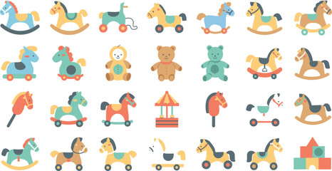 Colorful Wooden Toy Icons Set with Rocking Horses Teddy Bears Carousel and Pull Along Animals for Kids Playground and Nursery Vector Design.