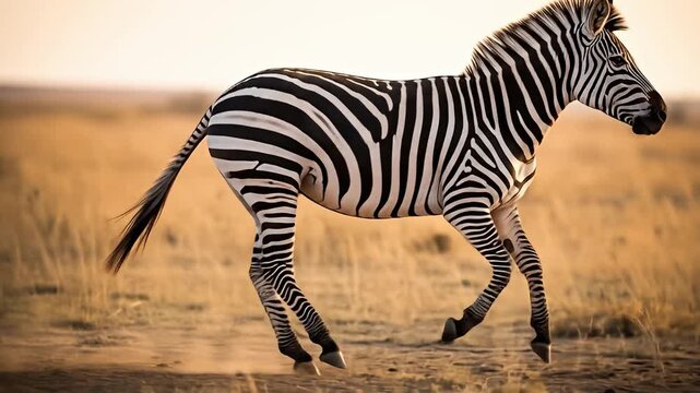 A zebra gracefully walks across a golden-hued plain, casting a long, slender shadow
