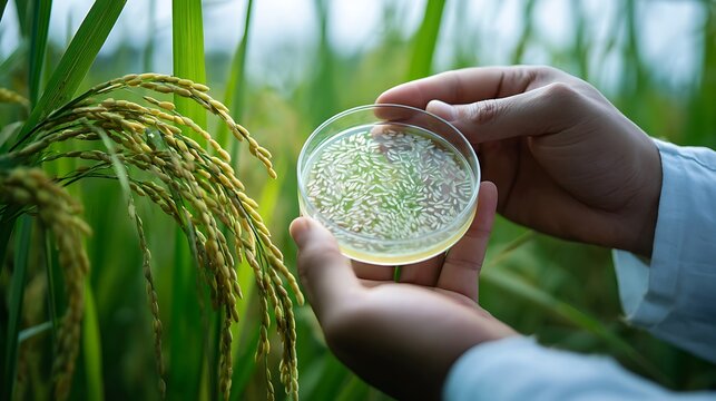 Scientist's hands examine genetically modified rice in a petri dish in a rice field.