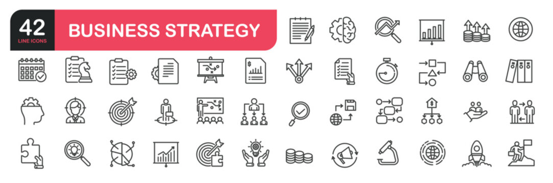 Set of line icons related to business strategy, brain storm, strategy plan, analysis, strategy, target, algorithm. Outline icons collection. Editable stroke. Vector illustration