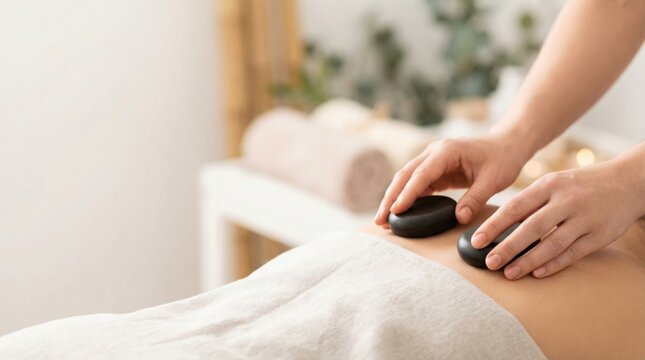A therapist places warm, smooth stones on a client's back during a hot stone massage session at a spa.