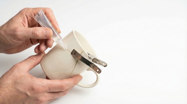 A person is applying super glue to a broken white ceramic mug, which is held together with clamps for repair.
