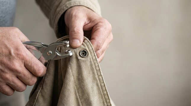 A person uses a hand-press tool to install a metal snap button onto a piece of canvas fabric.