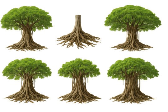 Digital illustration set of banyan/ficus trees showing lush green canopies, exposed trunk and aerial root systems in multiple views on a transparent background