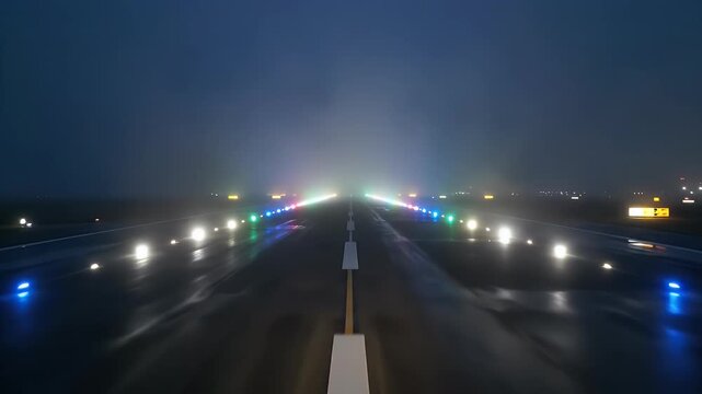 A foggy runway at night with colorful lights illuminating the path