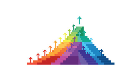 Fototapeta premium A striking pyramid-shaped structure made of numerous colorful stairs with multiple upward arrows ascends from red to blue on a white background.