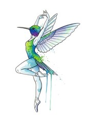 Fototapeta premium Woman in a vibrant hummingbird suit dancing ballet. Creative watercolor illustration for art, dance, and nature themes. Artistic expression.