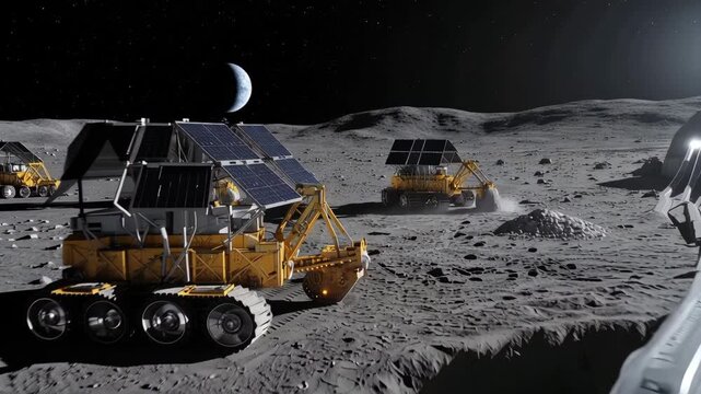 Lunar mining operation on moon surface under starry sky
