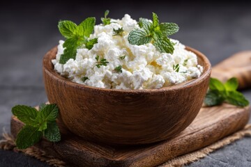Cottage Cheese in Wooden Bowl with Fresh Herbs