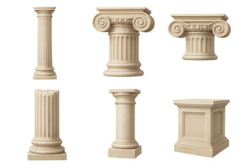 Set of six classical stone columns and pedestals showing Ionic and plain column styles