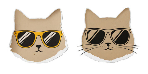 Playful retro cat face wearing yellow sunglasses looking at camera torn paper sticker design with whiskers side by side mirrored pair on transparent background vintage texture