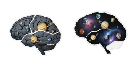 Surreal double brain illustration with planets and saturn inside anatomical left brain and galaxy nebula inside right brain close up sticker style transparent background high detail