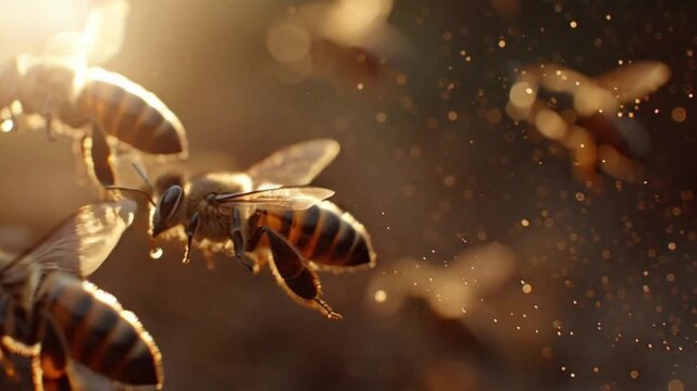 A swarm of bees flying around the hive after a day of collecting nectar from flowers against the setting sun, golden hour. The concept of beekeeping and keeping bees. Generative ai
