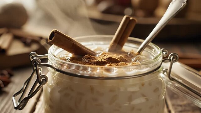 Steaming creamy rice pudding in glass jar, topped with cinnamon sticks and powder