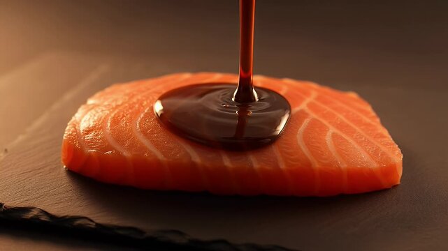 Fresh Salmon Fillet seasoned with dark soy sauce for luxury restaurant gastronomy with cinematic macro style.
