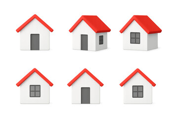 Six simple 3D white houses with red roofs shown from various angles on a transparent background