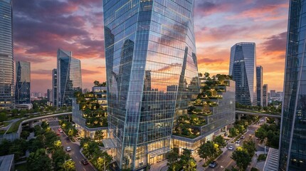 Obraz premium Modern sustainable skyscraper with vertical gardens in a futuristic city at sunset