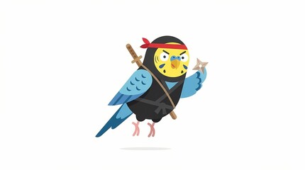Fototapeta premium Flat design illustration of a budgie ninja character throwing a shuriken while jumping.