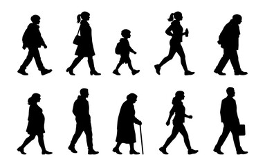 vector illustration. silhouettes of people walking along the street. Large set of characters of different ages.	

