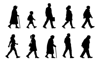 vector illustration. silhouettes of people walking along the street. Large set of characters of different ages.	
