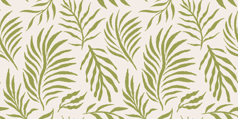 Fototapeta premium Vector summer seamless pattern in simple wavy and groovy naive style, flowers and plants, floral botanic hand drawn design backgrounds and prints, modern art prints, surface design