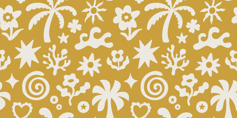Naklejka premium Vector summer seamless pattern in simple wavy and groovy naive style, flowers and plants, floral botanic hand drawn design backgrounds and prints, modern art prints, surface design