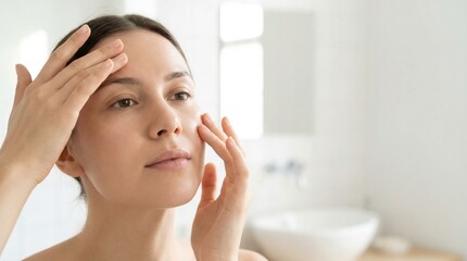 Naklejka premium Young woman looking at her reflection, touching her face to check for wrinkles or skin condition.
