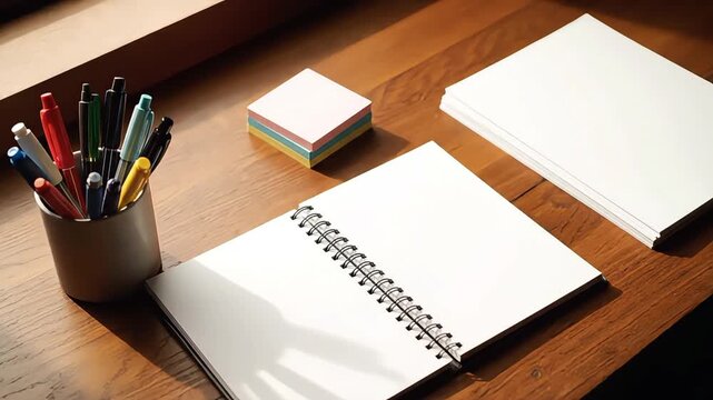 A clean minimalist classroom tools featuring a spiral-bound notebook, pens in a holder, and a stack of paper, perfect for study or work