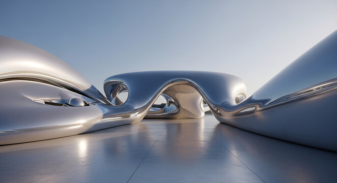 Futuristic chrome architecture and organic fluid shapes under clear sky - modern abstract design technology concept