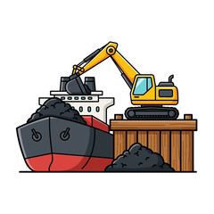Excavator loading coal onto a cargo ship at a dockside.