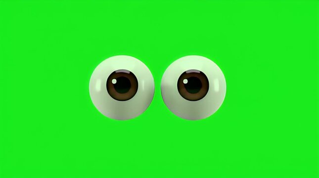Pair of cartoonish animated eyeballs with brown irises and small white catchlights floating against a bright green chroma key screen ready for visual effects compositing