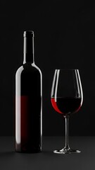 Elegance of Red Wine: A solitary bottle of rich red wine stands gracefully beside a delicate glass, their dark forms contrasting beautifully, offering a sense of sophistication and refined indulgence.