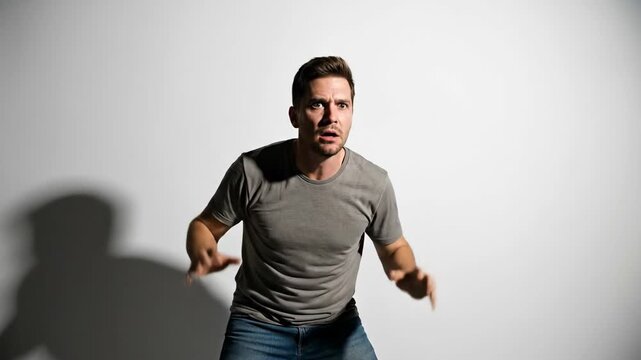 Man with frightened expression reaching out hands wearing gray t shirt and blue jeans casting shadow on white background showing fear and surprise
