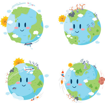 Cute Cartoon Earth Illustrations with Environmental and Technological Themes
