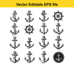 Anchor Vector Icons Set with Ship Wheels - Editable Design