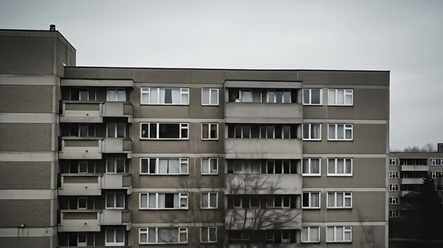 Gray apartment building with balconies and windows under a cloudy sky