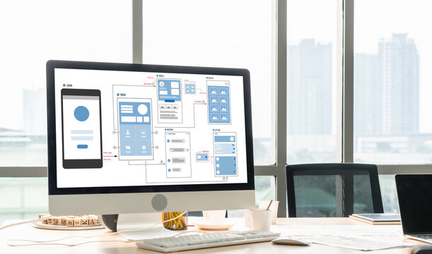 UX UI design process for modish mobile application and website . Creative prototype of wireframe for professional app developer .