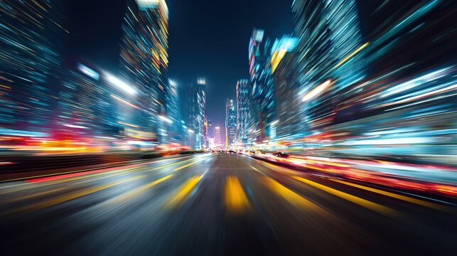 High-speed motion blur of city streets at night with neon lights and skyscrapers. Blurred high-speed effect. Cityscape futuristic energy trails background. 